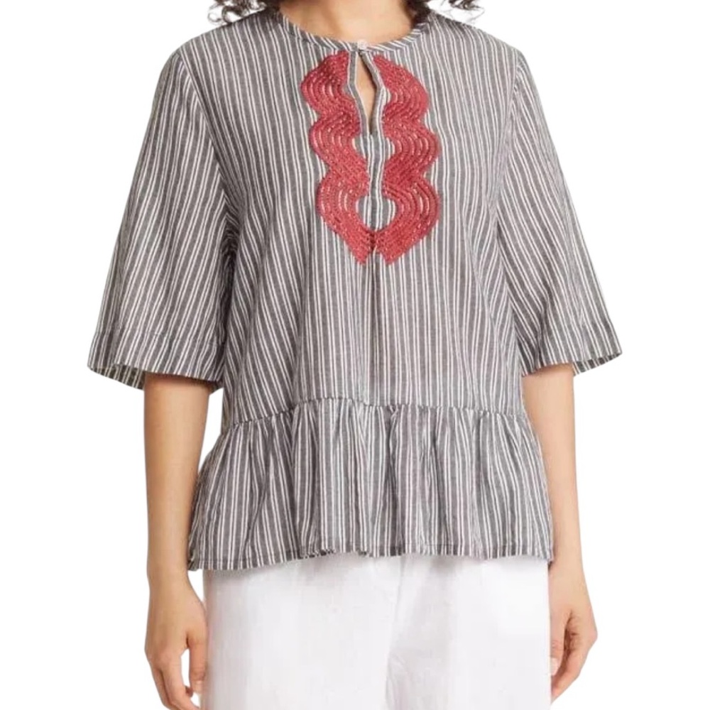 Masai White with Grey Stripe and Red Embroidery Cotton Dulcet Peplum Blouse S